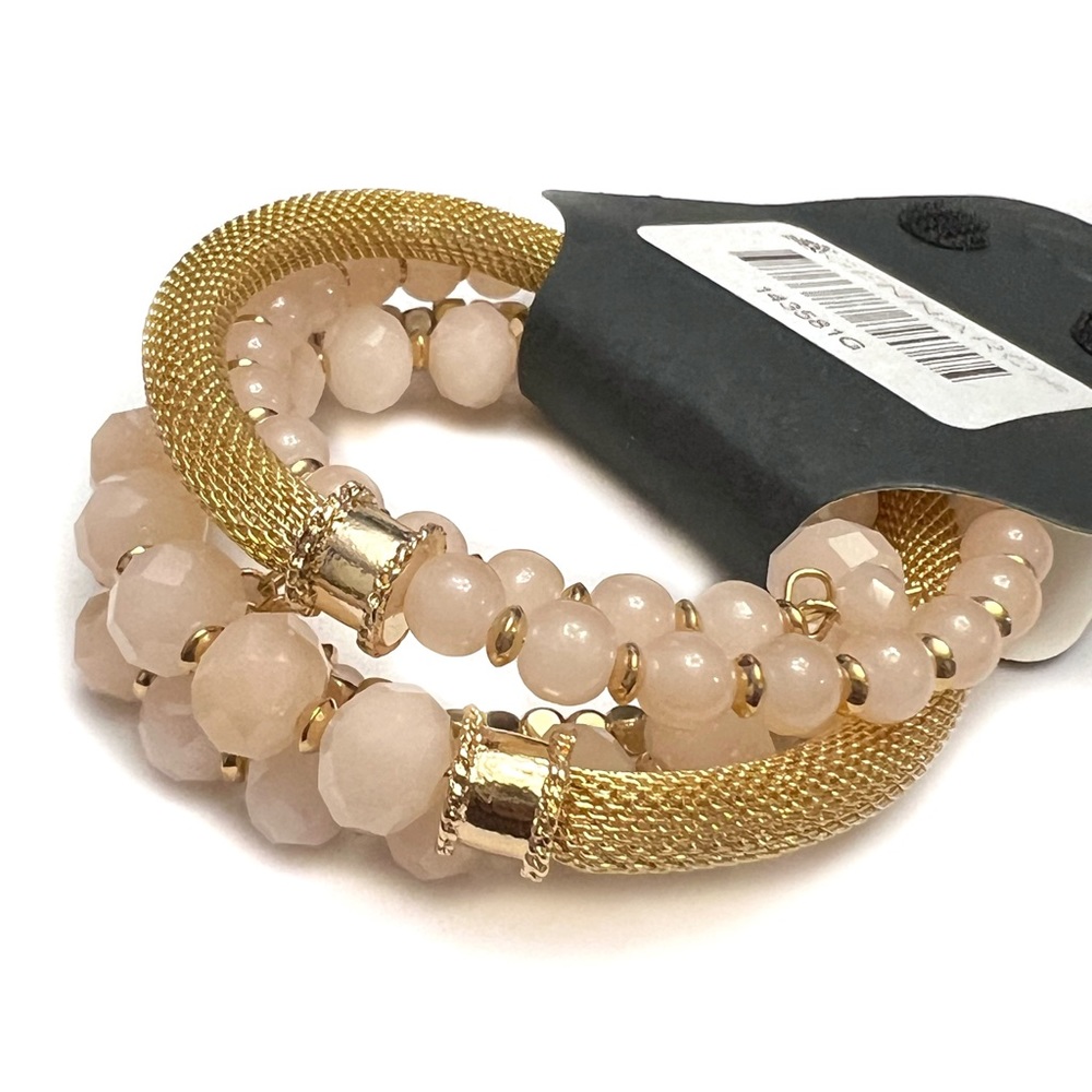 Adjustable Coil Bracelet Gold Tone Mesh and Light Pink Beads G by Gennar…